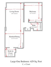 A floor plan of a large one bedroom apartment.