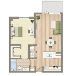 A floor plan of a house with a living room, dining room, kitchen, and bathrooms.