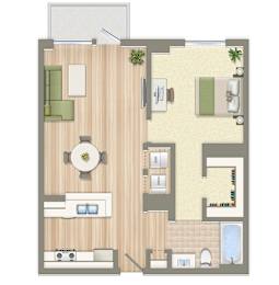 A floor plan of a house with a kitchen, living room, and bathroom.