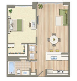 A floor plan of a house with a living room, dining room, kitchen, and bathroom.