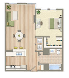 A floor plan of a house with a dining area, living room, kitchen, and bathroom.
