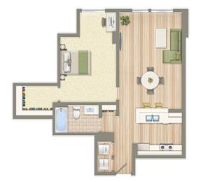 A floor plan of a house with a living room, kitchen, and bathroom.