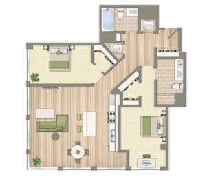 A floor plan of a house with a living room, kitchen, and two bedrooms.