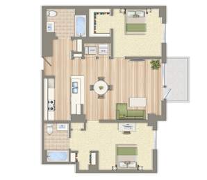 A floor plan of a house with a living room, dining room, kitchen, and two bedrooms.