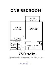 A floor plan for a one bedroom apartment sized at 750 sqft.