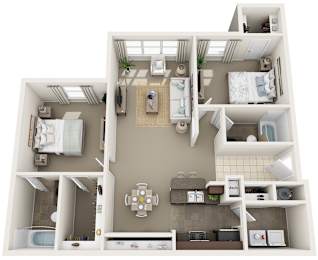 A top-down view of a small apartment with a kitchen, living room, and two bedrooms.