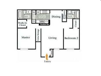 A floor plan of a house with a living room, two bedrooms, a dining area, a kitchen, a walk-in closet, and a master bedroom.