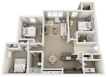 A 3D floor plan of a small apartment with two bedrooms, a living room, and a kitchen.
