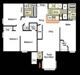 A floor plan of a house with four bedrooms and a Florida room.