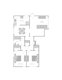 A floor plan of a house with a kitchen, living room, dining room, bathroom, closet, and bedroom.