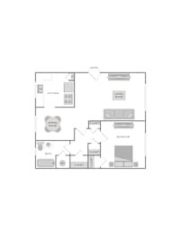 A floor plan of a house with labeled rooms such as kitchen, living room, and bathroom.