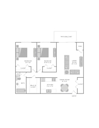 A floor plan of a house with two bedrooms, a living room, a dining room, a kitchen, an entry, a bath, a walk-in closet, and a linen closet.