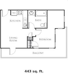 A floor plan of a 443 sq. ft. apartment with a living room, kitchen, bath, and balcony.
