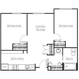 A floor plan of a house with three bedrooms, a living room, a kitchen, and a bathroom.