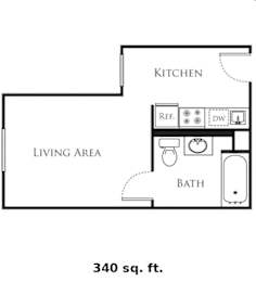 A floor plan of a 340 sq ft apartment with a living area, kitchen and bath.