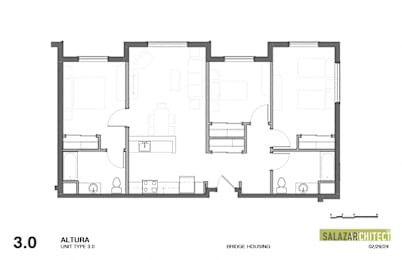 A floor plan of a bridge housing unit by Salazar Architect.
