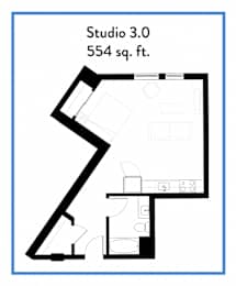 A floor plan of Studio 3.0 which is 554 square feet.