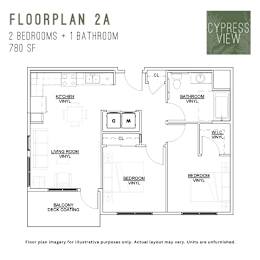 A floor plan for a 2A apartment with 2 bedrooms and 1 bathroom.