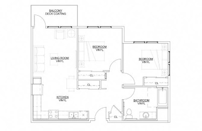 A floor plan of a house with labeled rooms and vinyl flooring.