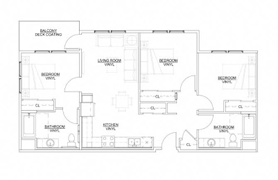 A floor plan of a house with three bedrooms, a living room, a kitchen, and two bathrooms.