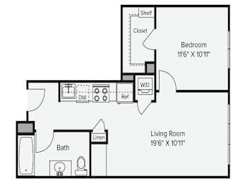 A floor plan of a small apartment with a bedroom, living room, and bathroom. at View Point Apartments, Berkeley, CA, 94710