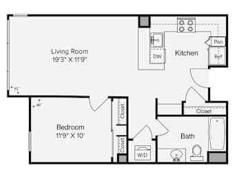 A floor plan of a small apartment with a living room, kitchen, bedroom, and bathroom. at View Point Apartments, Berkeley, CA