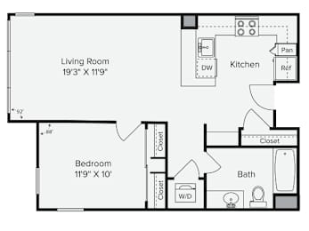 A floor plan of a small apartment with a living room, bedroom, and kitchen. at View Point Apartments, Berkeley, California