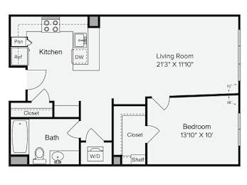 A floor plan of a small apartment with a kitchen, living room, bedroom, and bathroom. at View Point Apartments, California