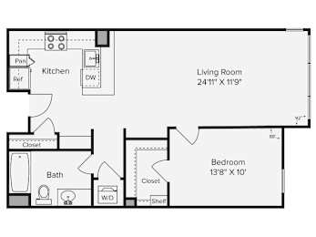 A floor plan of a living room, kitchen, and bedroom. at View Point Apartments, California, 94710