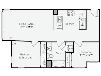 A floor plan of a small apartment with a living room, kitchen, and two bedrooms. at View Point Apartments, Berkeley, CA, 94710