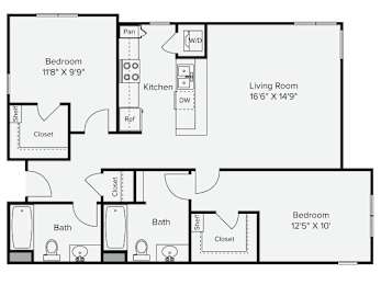 A floor plan of a home with two bedrooms, a living room, a kitchen, and two bathrooms at View Point Apartments, Berkeley, 94710.