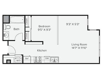 A floor plan of a living space with a bedroom, bathroom, and kitchen. at View Point Apartments, California, 94710