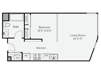 A floor plan of a small apartment with a bedroom, living room, kitchen, and bathroom at View Point Apartments, California.