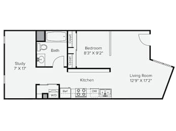 A floor plan of a small apartment with a study, kitchen, bedroom, and living room. at View Point Apartments, Berkeley, California