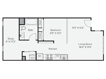 A floor plan of a small apartment with a study, kitchen, bathroom, and two bedrooms at View Point Apartments, Berkeley, 94710.