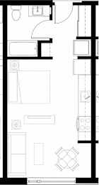 A black and white drawing of a floor plan with a kitchen, living room, and bathroom.