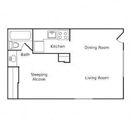A floor plan of a living space with a kitchen, dining room, and sleeping alcove.
