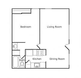A floor plan of a small apartment with a bedroom, living room, kitchen, and dining room.