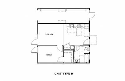 A black and white drawing of a floor plan for a unit type D.