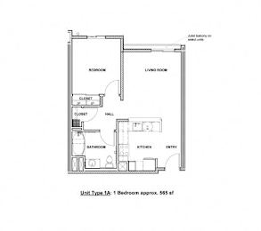 A floor plan of a 1 Bedroom apartment that is approximately 565 square feet.