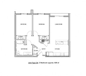 A floor plan of a 2 bedroom apartment with an approximate size of 825 square feet.