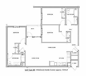 A black and white image of a floor plan for a 3-bedroom inside corner apartment.