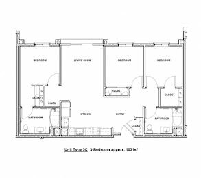 A floor plan of a 3-bedroom apartment is shown.