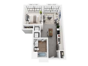 The Carver – 1-bedroom apartment Cole Motor Indianapolis | loft ceilings near Mass Ave, 600 sq ft
