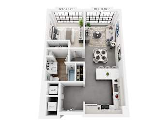 The Booth – 1-bedroom loft floor plan Cole Motor Indianapolis | downtown factory apartment, 593 sq ft