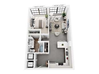 The Eugene – 735 sq ft 1-bedroom loft apartment Cole Motor Indianapolis | polished concrete, downtown