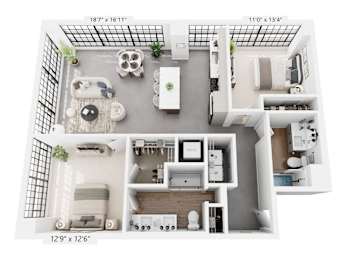 The Thompson – 1,231 sq ft 2-bedroom 2-bath loft Cole Motor Indianapolis | near IU Indianapolis