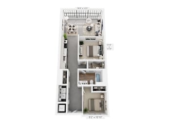 The Roberts – 924 sq ft 2-bedroom 1-bath loft Cole Motor South Building Indianapolis