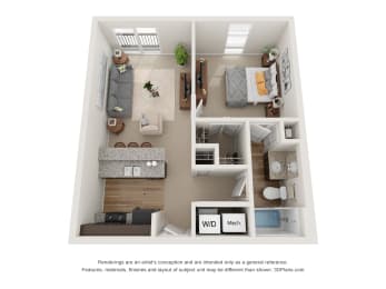 1 bedroom 1 bathroom Floor plan D  at 310 @ Nulu Apartments, Louisville, 40202, 628 Sq. Ft.