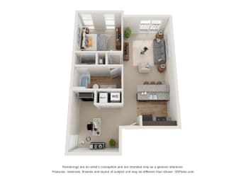 1 bedroom 1 bathroom Floor plan E at 310 @ Nulu Apartments, Louisville, 679 Sq. Ft.